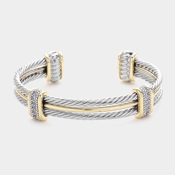1️⃣5️⃣Two Tone Metal Rope Cable Cuff Bracelet With Pave Crystals - Picture 5 of 5